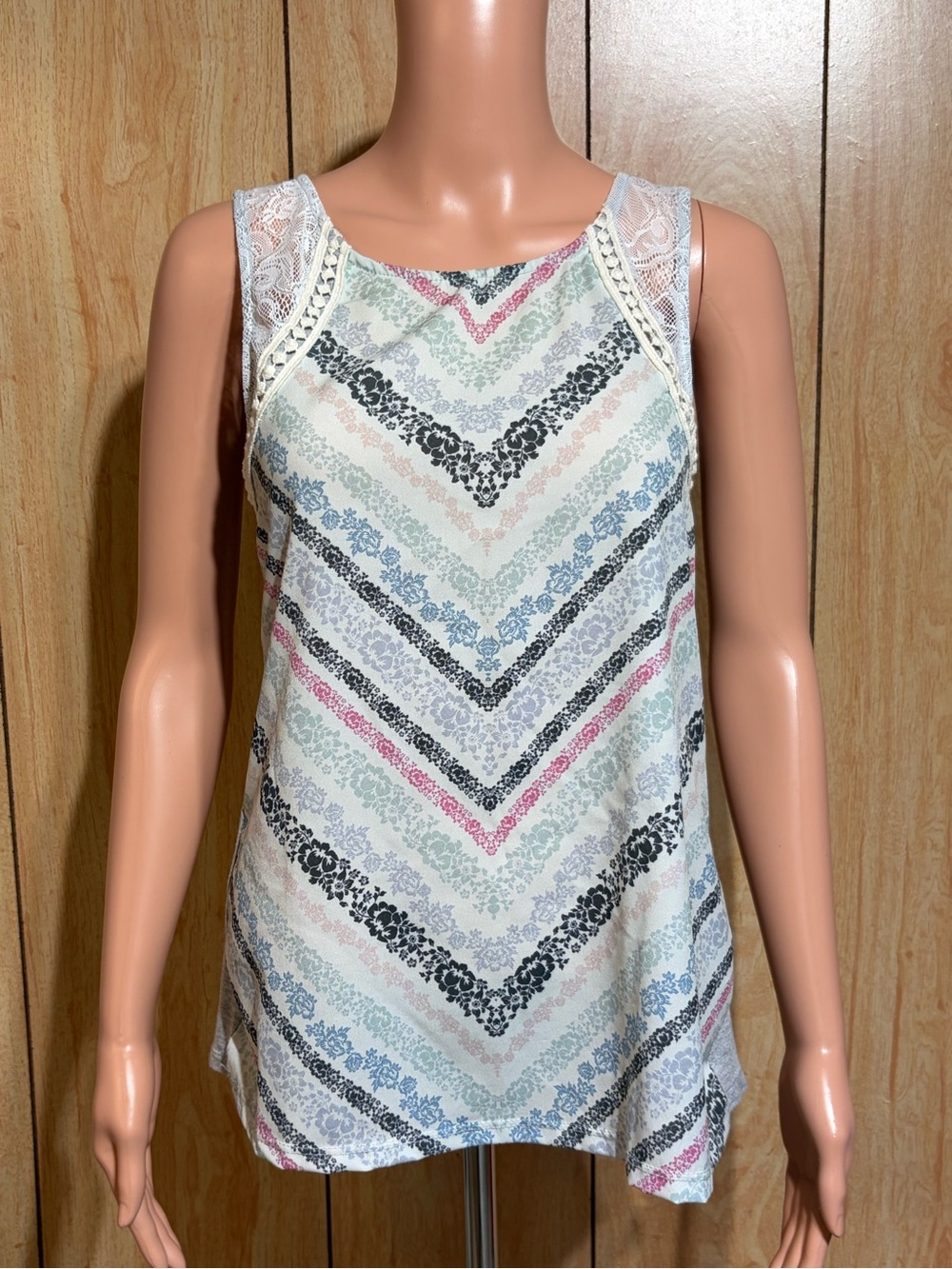 Maurices Lace-Trim Chevron Blouse in Cream, Black, Pink & Blue SZ - XS